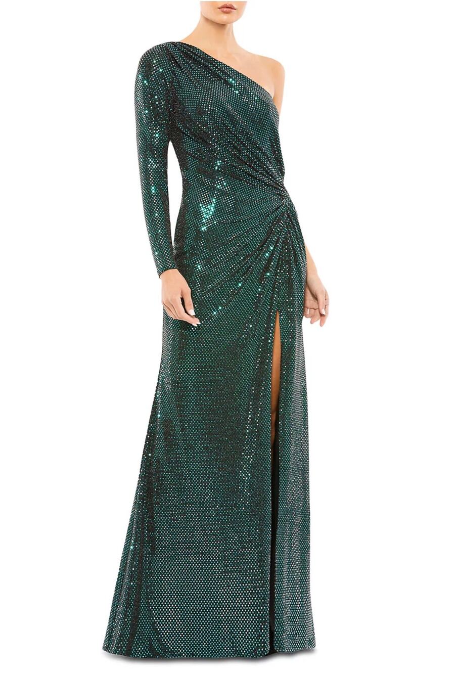 Mac Duggal 12501 Green Evening Gown Sequined One Shoulder A-Line Dress Size 12